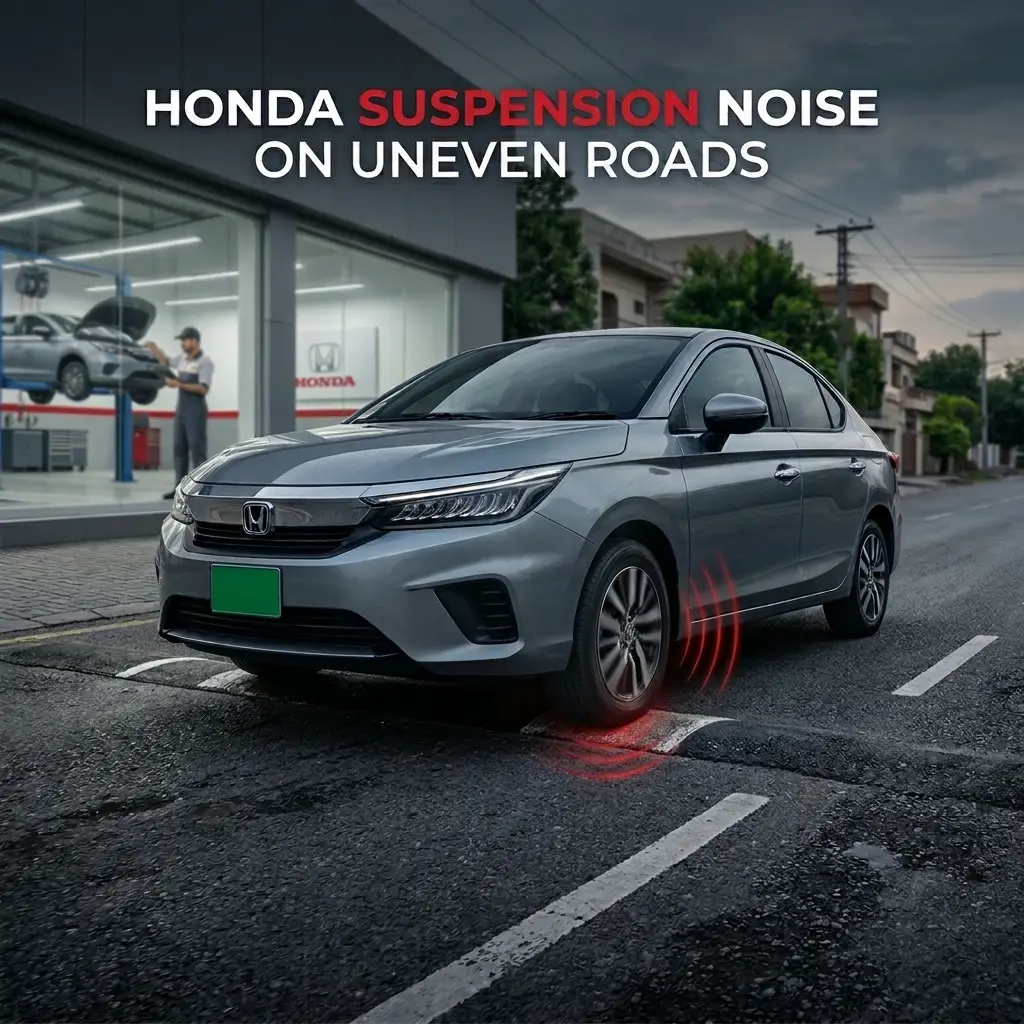 Silver Honda City crossing an uneven road, with red graphics highlighting suspension noise near the front wheel.